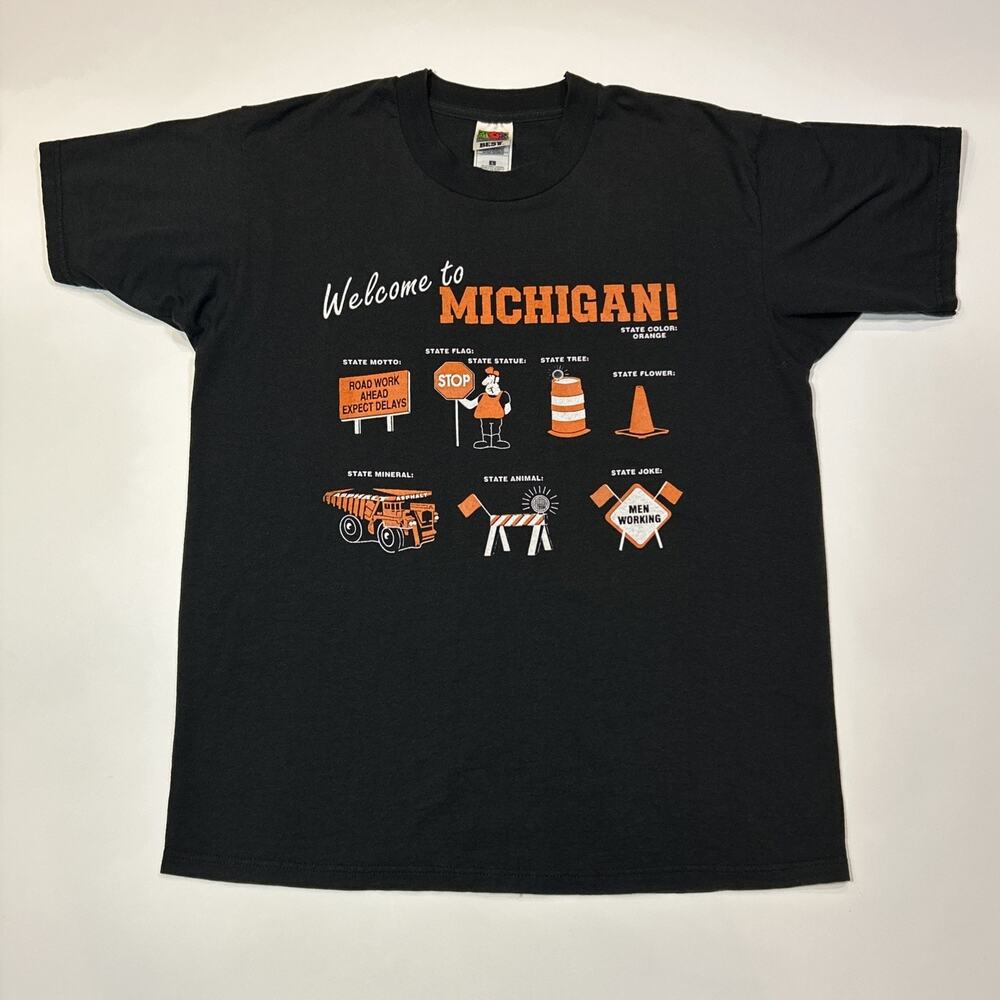 Vintage Michigan Shirt Mens Size Large Black Funny Graphic Tee Construction
